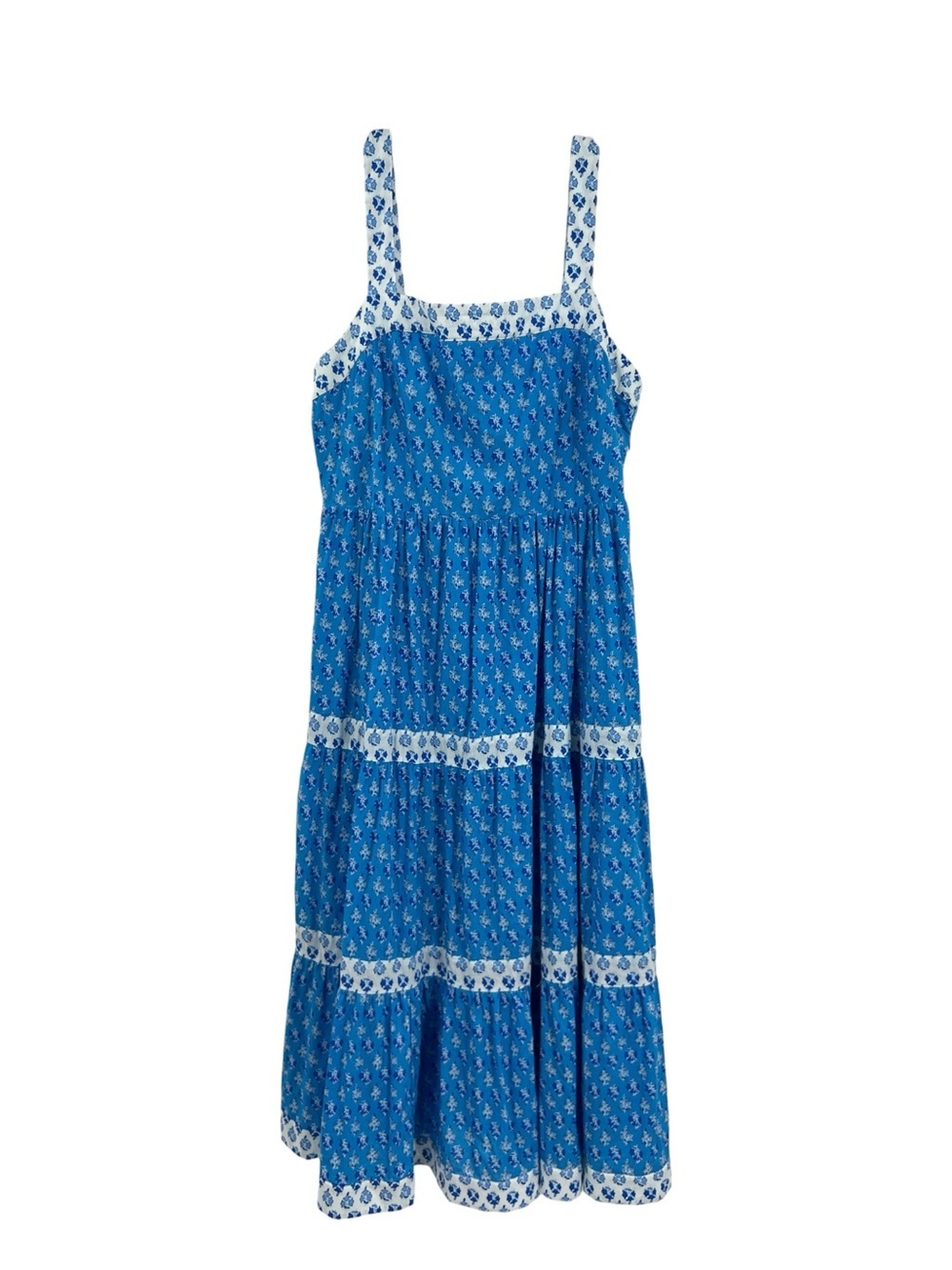 J. Crew Factory Square Neck Smocked Floral Tiered Midi Blue And white dress